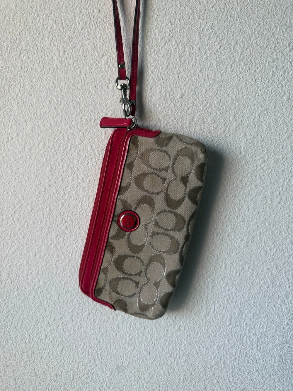 Coach Signature Canvas Wristlet in Beige and Red